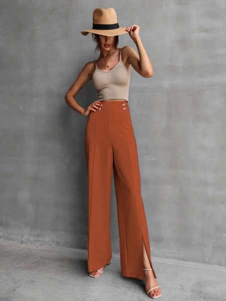 

fake button split hem wide leg pants t0co#, Black;white