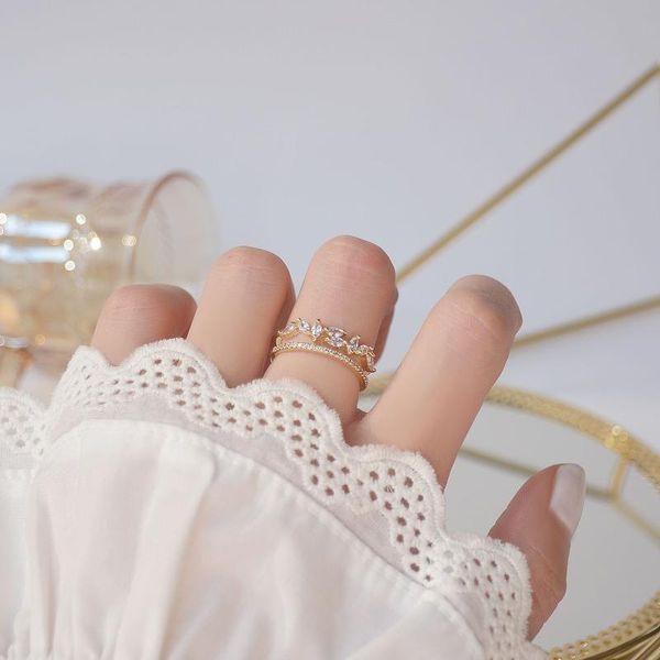 

korea fashion jewelry exquisite zircon hollow branch double layer 14k gold ring elegant women's opening adjustable cluster rings, Golden;silver