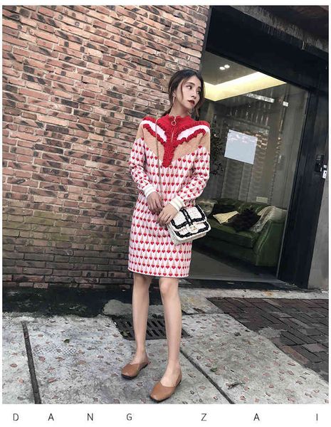 

autumn multi color ruffles zipper half high collar sweater long sleeve heart glitter jacquard knit women e female straight winter, Black;gray