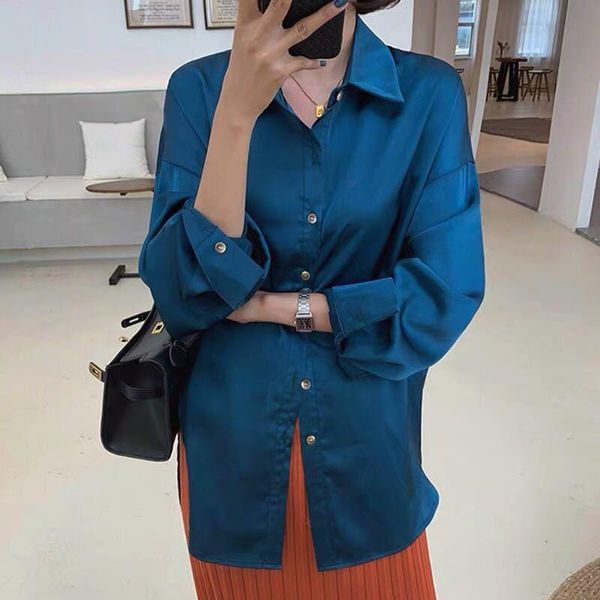 

women's blouses & shirts [ewq]2021 spring autumn satin long sleeve turn-down collar loose casual blouse coats korean style oversized bl, White