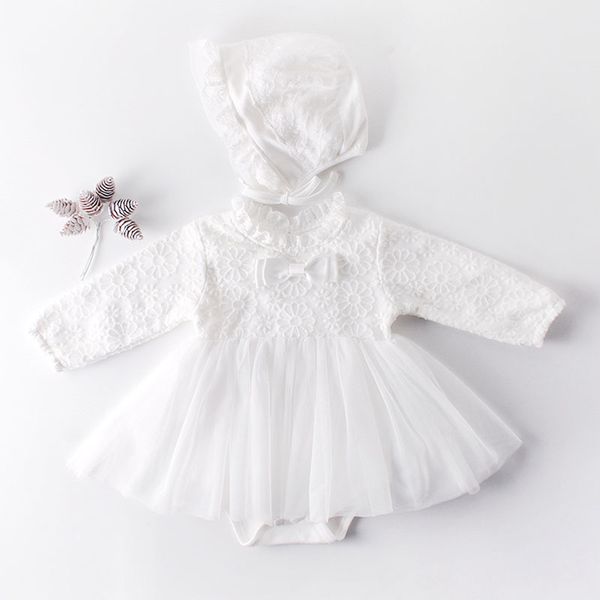 Primavera outono 0-2yrs infantil meninas meninas macacões bodysuit manga longa laço branco + tampa 210429