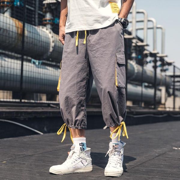 

men's pants 2021 summer style men streetwear patchwork pocket calf-length drawstring cotton trousers hip hop cuffed joggers for, Black