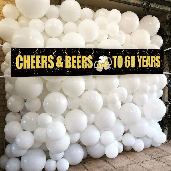 

party decoration cheers and beers to 60 years banner, black gold anniversary sign, 60th happy birthday banner