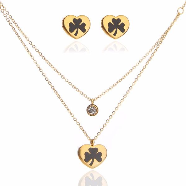 

earrings & necklace women fashion love bohemian gold layered double chain short clover pendant female decoration gift, Silver