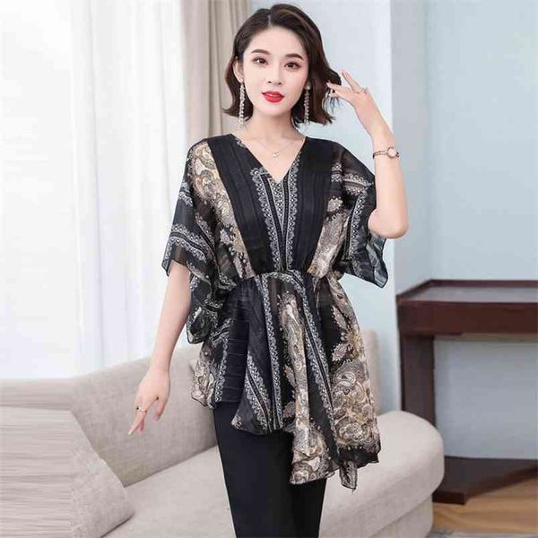 

summer women's chiffon shirt waist irregular short-sleeved floral large size gd428 210506, White