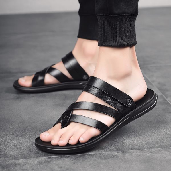 

outdoor beach shoes men flip flops fashion breathable summer light genuine leather casual shoes slides black sandal men
