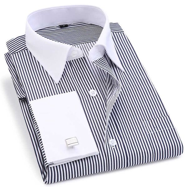 

french cuff dress long sleeve shirt for men stripe twill regular fit business work formal wedding male shirt has metal cufflinks 210708, White;black