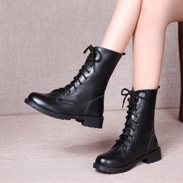 

autumn and winter women's thick-soled short boots retro round toe lace-up increased, Black
