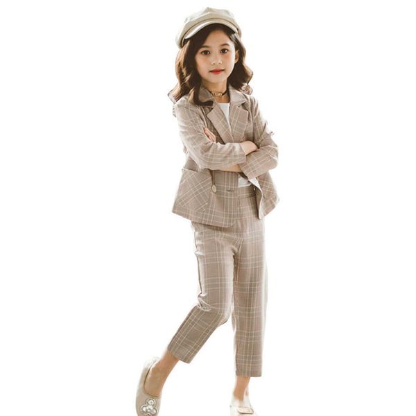 Kızlar Suit Set Ekose Desen Genç Giyim Ceket + Pantolon Çocuklar Kız Giysileri Casual Stil Kostümleri Çocuklar için 210528