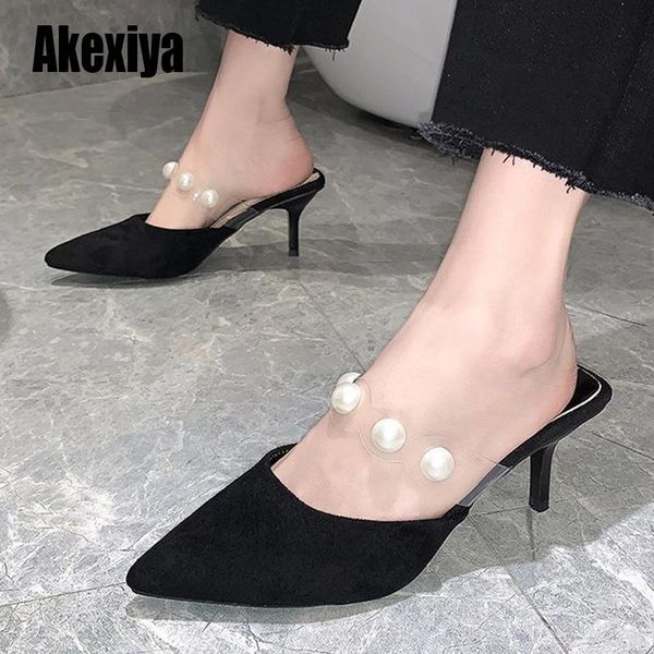 

dress shoes big pearl slippers women pointed toe mules woman summer slides high heels s998, Black