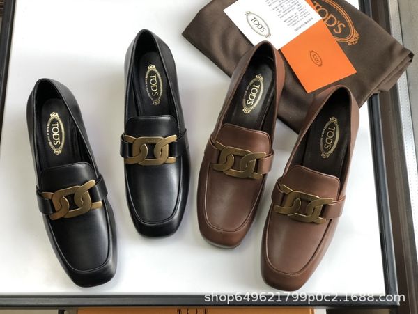 

luxury shoes metal lazy lefu one step on 2021 british style small leather medium high single sho, women, Black