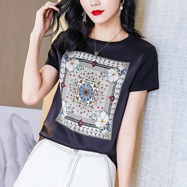 

t shirt 2021 summer satin short sleeve women's mercerized cotton printed korean loose blouse, White