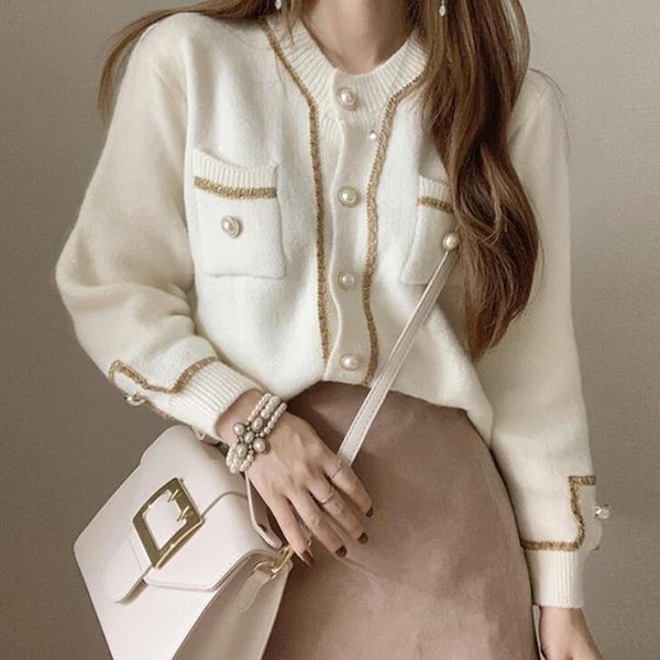 

women's knits & tees fashion o-neck chic panelled knitted cardigans vintage single breasted women sweaters autumn loose double pockets, White