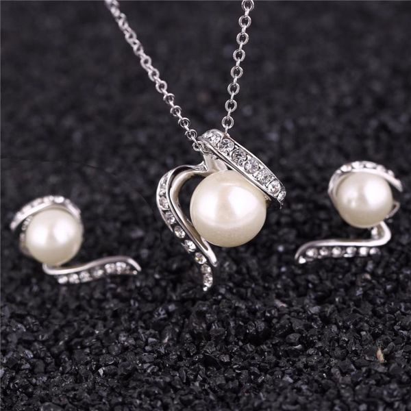 

earrings & necklace arrival 18kgp simulated pearl rhinestones bowknot pendant fashion jewelry sets 28963, Silver