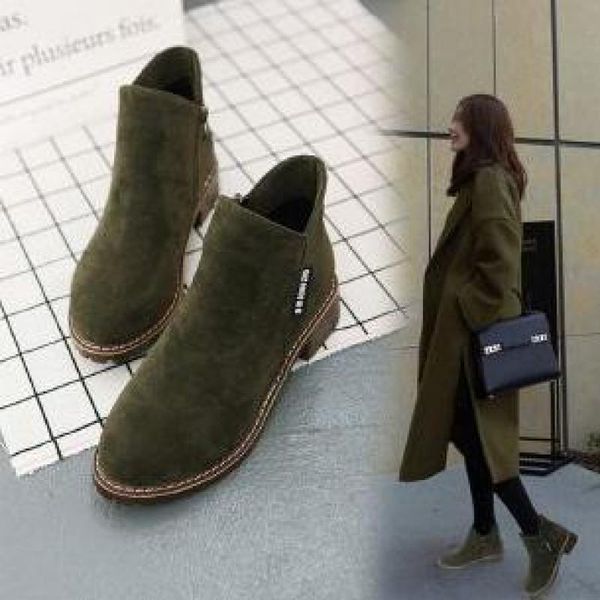 

ladies casual ankle round head suede zipper nude boots square heel short shoes women high heels dress, Black