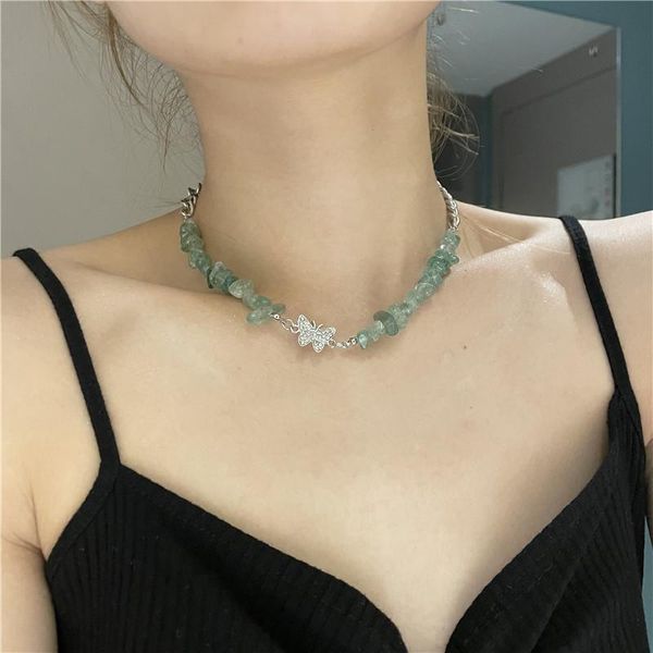 

chokers korea fashion shiny zircon butterfly clavicle chain green crystal stone beaded necklace for women girls jewelry accessories, Golden;silver