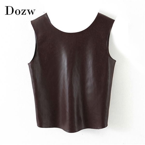 Moda Pu Faux Leather Top Mulheres Sexy Hollow Out Verão Brown Tanque Streetwear Senhoras O Neck Sleeveles Short S 210515