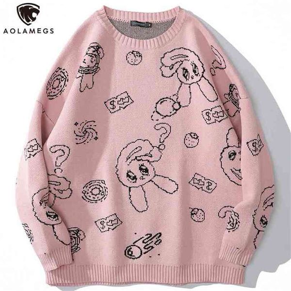 AOLAMEGS Мужские свитер мультфильм милый кролик клубника вязаные пуловерные свитера пара O-образным вырезом повседневный мягкий колледж стиль одежды 210918