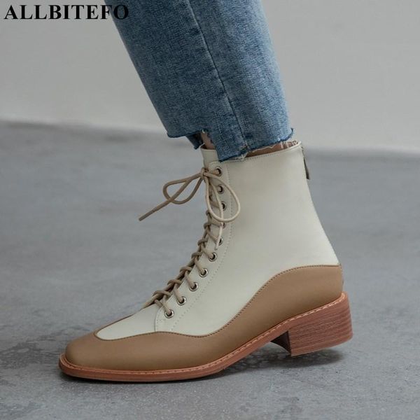 

boots allbitefo soft natural genuine leather women heels shoes fashion leisure thick heel ankle motocycle, Black