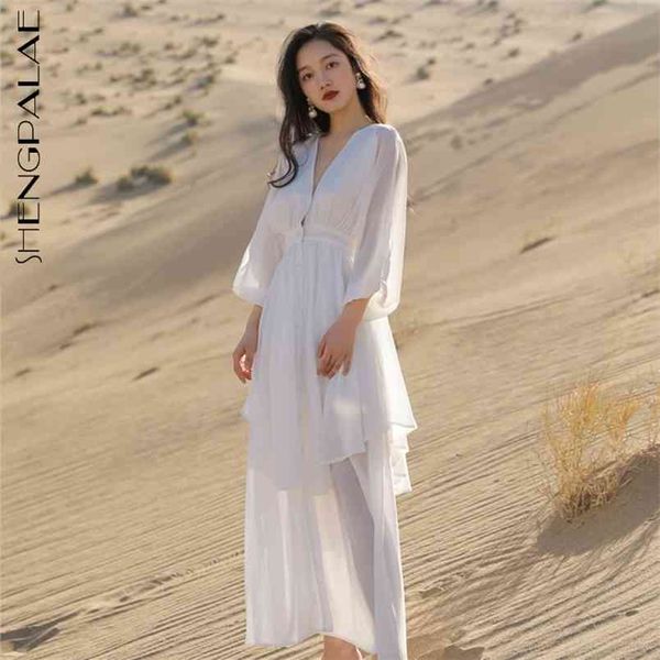 

white beach dress women's summer v-neck single breasted backless three quarter mid-calf dresses female tide 210427, Black;gray