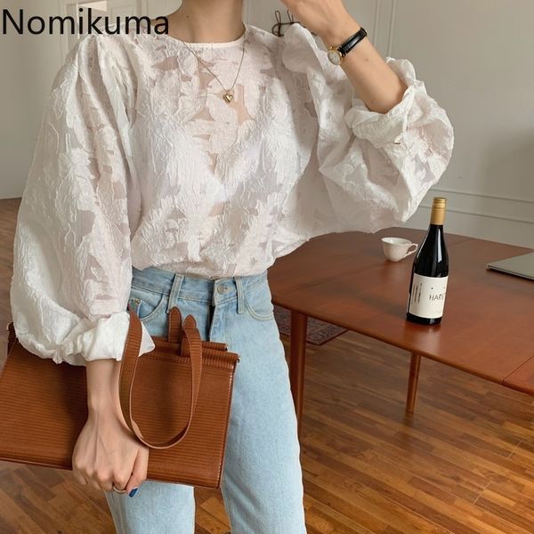 

nomikuma elegant korean chic blouses women o neck long sleeve see through temperament shirts female fafashion blusa 3e022 210514, White