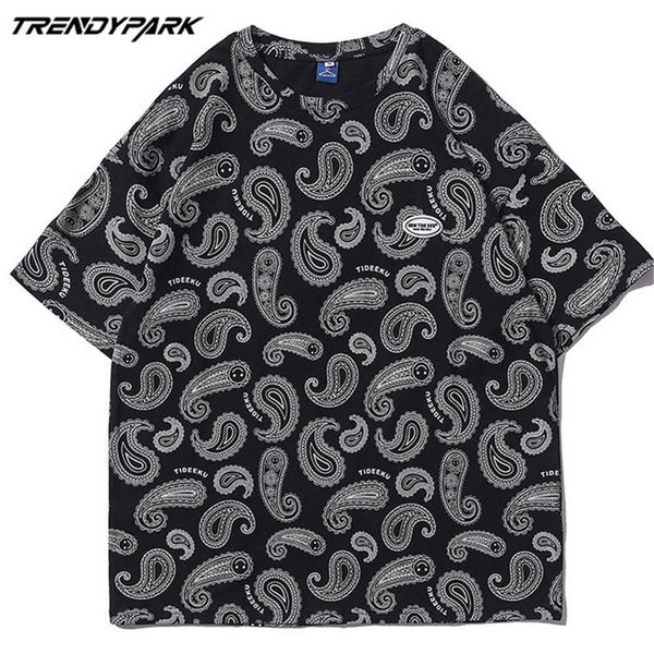 

men's t-shirt paisley printing summer short sleeve tee hip hop oversized cotton casual harajuku streetwear tshirts men 210601, White;black