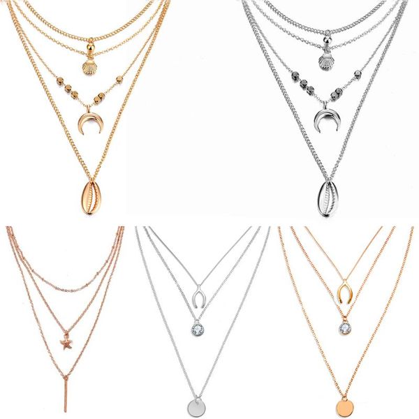 

pendant necklaces 6 design bohemian shell multi layer for women girl fashion gold sliver color long moon necklace collar jewelry, Silver
