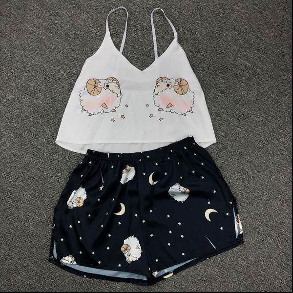 

summer pyjamas satin womens sleepwears cute print silk pajamas pants girls kawaii nightwear shorts home clothing suit nightie, Black;red