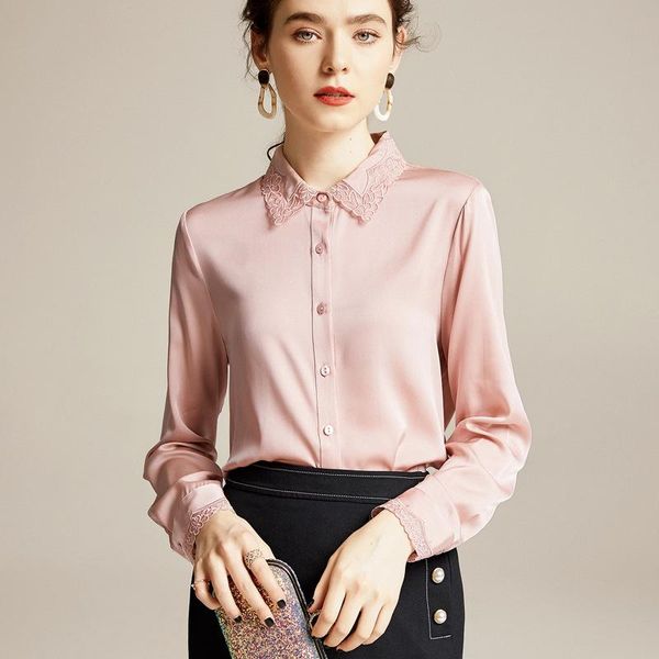 

women's blouses & shirts spring elegant pure color silk shirt fashion lapel long-sleeved embroidered blouse, White