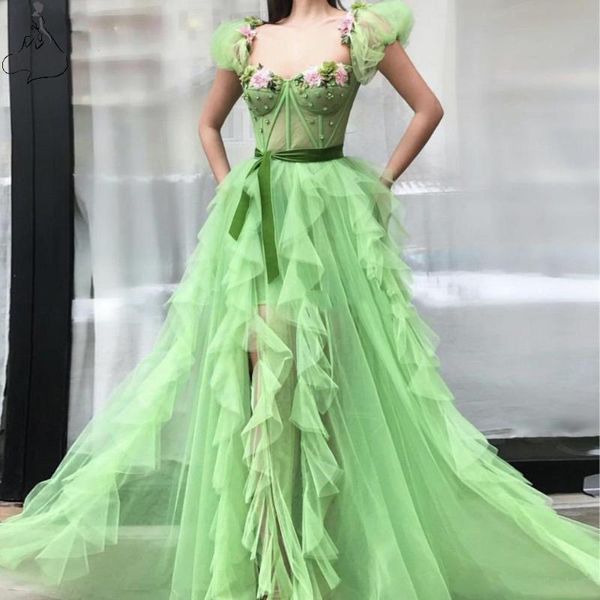 

party dresses pretty 3d bright green long evening short puff strap crystal ruffles a-line prom gowns abendkleider graduation dress, White;black