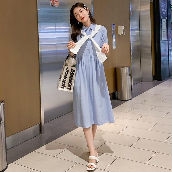 

maternity dresses 1514# dress summer short sleeves turn down collar cotton easy matching loose stylish pregnant women mom, White