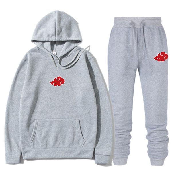 

men's tracksuits anime akatsuki cloud symbols print sportswear sets hoodies sweatshirt streetwear men 2 piece + sweatpants set, Gray
