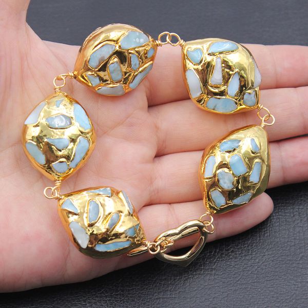 

guaiguai jewelry natural oval blue larimar chips pave gold color plated wrap bracelet handmade for women, Black