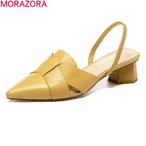 

morazora women sandals genuine leather ladies sandals summer shallow pointed toe party dress shoes beige white 210506, Black