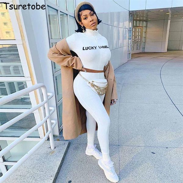 

women's tracksuits tsuretobe ribbed 2 piece set women embroidery crop high waist leggings turtleneck fall 2021 clothing tracksuit, Gray