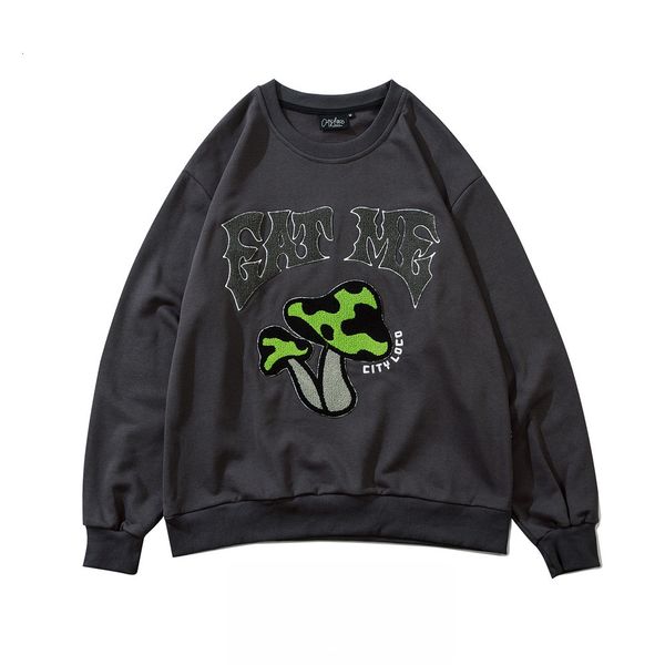 

sweatshirts towel embroidered mushroom printed sweater mens street trend loose long sleeve bf lazy round neck pullover hoodie, Black