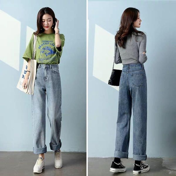 

women's jeans 2021 women harajuku solid button zipper high waist leisure straight lady elegant denim pants mid trousers l283, Blue