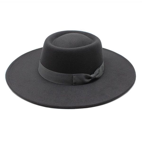 Cappelli da brima avaro Fedora Bow Hat Wide Flat Top Panama Fedoras for Women Artificial Wool Blend Jazz Cap Trilby
