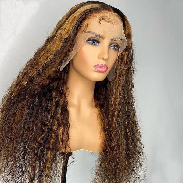 

lace wigs brazilian ombre kinky curly highlight color 13Ã6 front wig human hair preplucked with baby for women, Black;brown