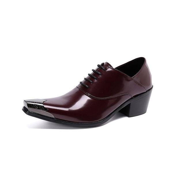 

dress shoes italy luxury men wedding patent glossy cowhide 6cm high heels fashion pointed toe heighten oxford party prom, Black