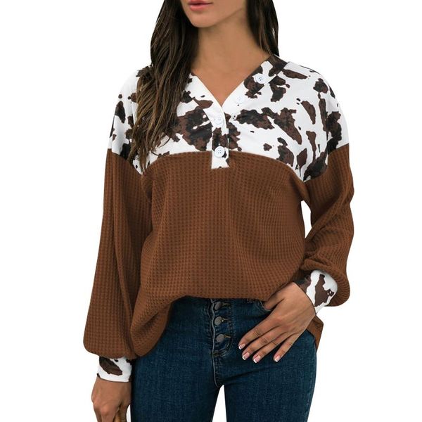 

women's blouses & shirts women autumn patchwork 2021 v-neck long loose leopard buttons casual sweater pullovers single breasted, White