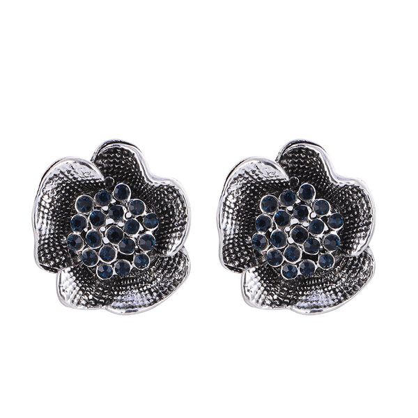 

retro vintage gorgeous camellia stud earrings women wedding female jewelry blue inlaid style luxurious earrings gift, Golden;silver