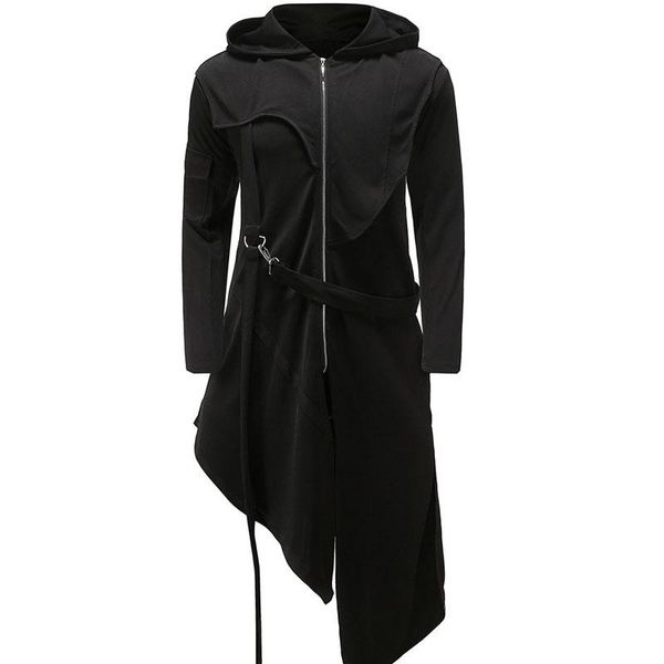 

men's trench coats autumn windbreaker jacket long irregular design zipper hooded personality dark wind belt coat, Tan;black