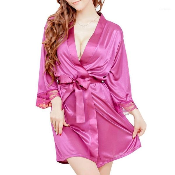 

women's sleepwear short kimono style v-neck bathrobe plain dressing gown bridal party robe1, Black;red