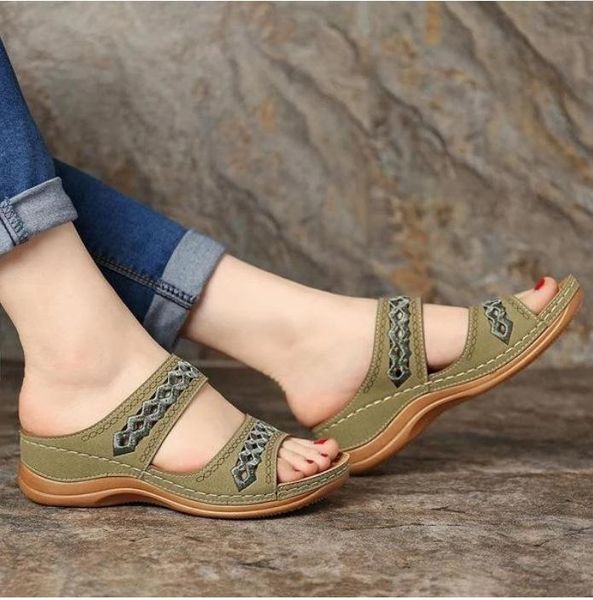 

slippers 2021 summer women's wedge sandals genuine leather plus size 41 44 retro slope heel comfortable mother womens shoes, Black