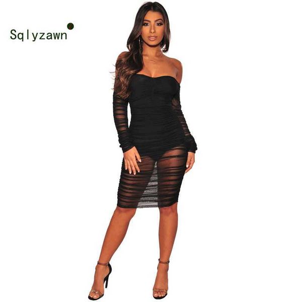 

streetwear strapless mesh perspective bodysuit dress women black bodycon knee length dress ladies pleated club party dress 210709, Black;gray
