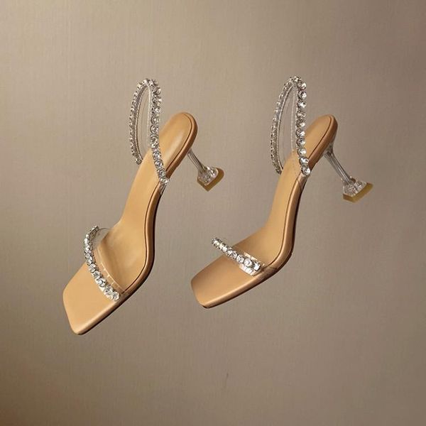 

sandals square toe women crystal 7cm thin high heels lady party summer shoes woman size 39 apricot prom stilettos zapatos femmes, Black