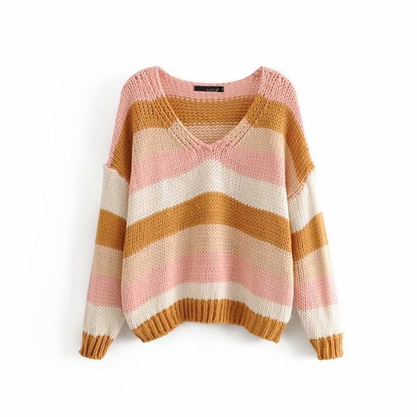 

stylish chic women multi colors striped sweater autumn fashion female v-neck pullovers casual knitwear jumpers for girls 210531, White
