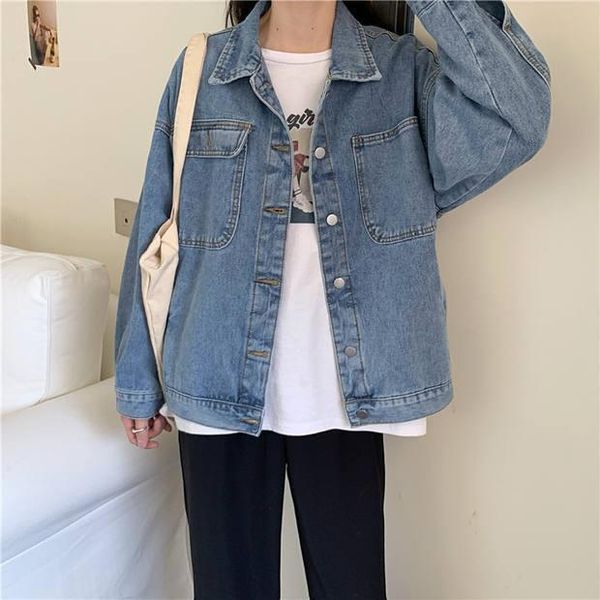 

women's jackets veste femme 2021 women denim jacket pocket long sleeve button oversized spring autumn korean coat streetwear jean femal, Black;brown