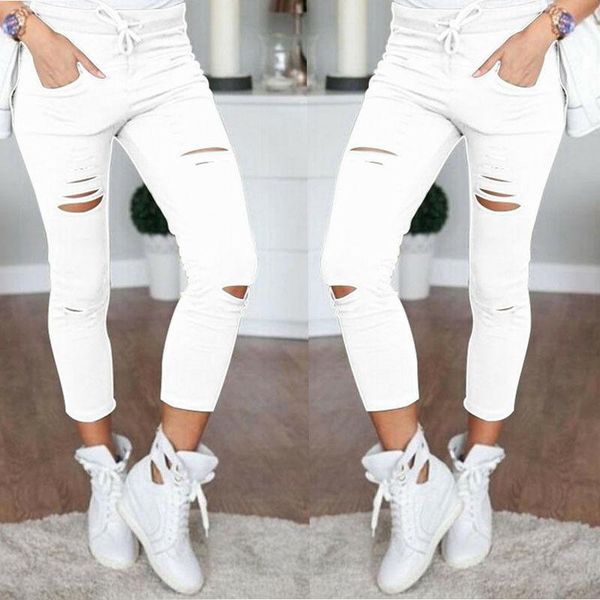

women's pant skinny ripped holes jeans pants high waist lace up stretch slim pencil trousers fashion casual bottoms 6 colors & capris, Black;white